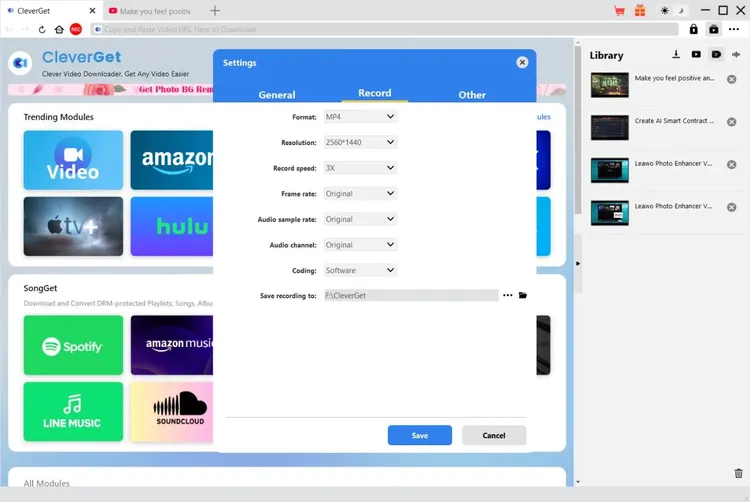 Record settings interface